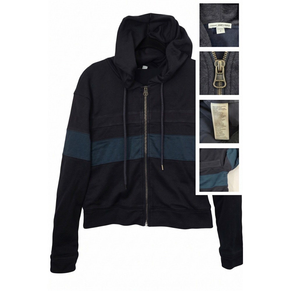 Standard James Perse Hoodie Size 2 M Black Blue‎ Color Block Full Zip Women